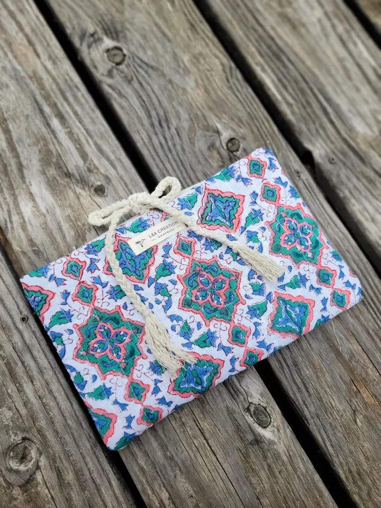 pochette à livre matelassée tissu Indien Handblock Print artisanal