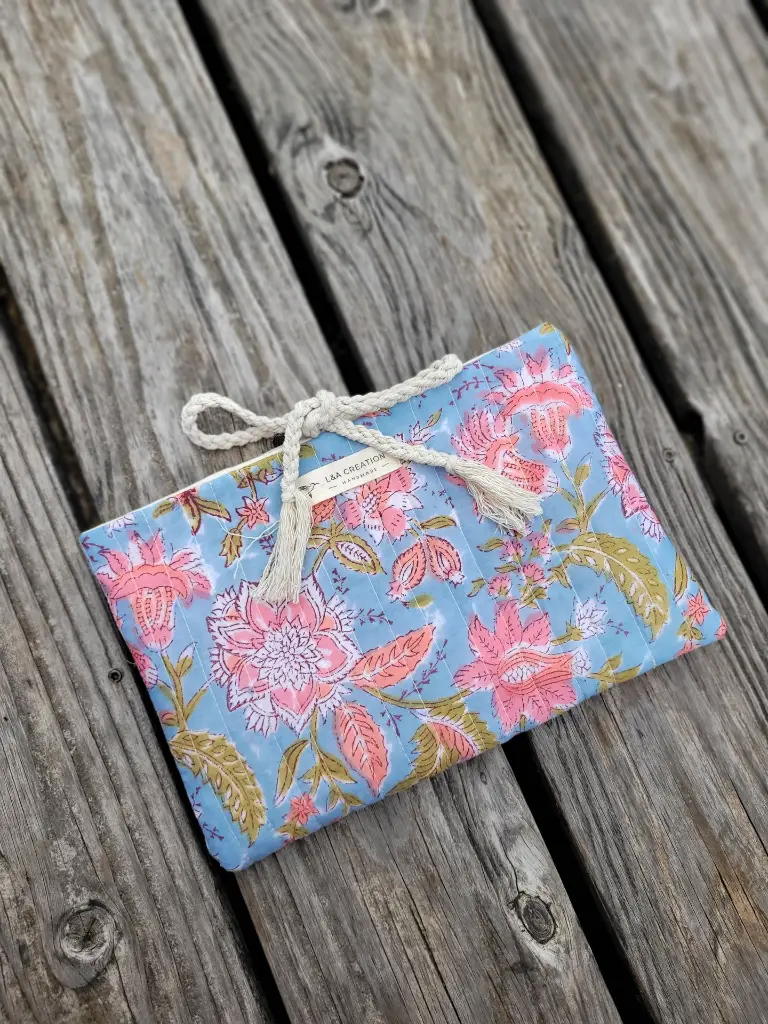 pochette à livre matelassée tissu Indien Handblock Print artisanal