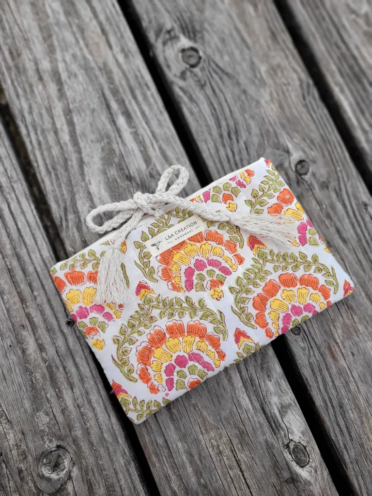 pochette à livre matelassée tissu Indien Handblock Print artisanal