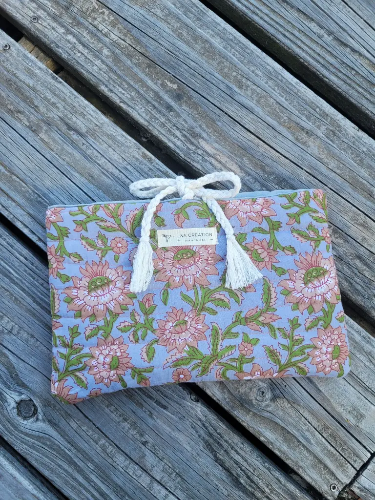 pochette à livre matelassée tissu Indien Handblock Print artisanal