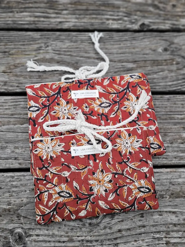 pochette à livre matelassée tissu Indien Handblock Print artisanal