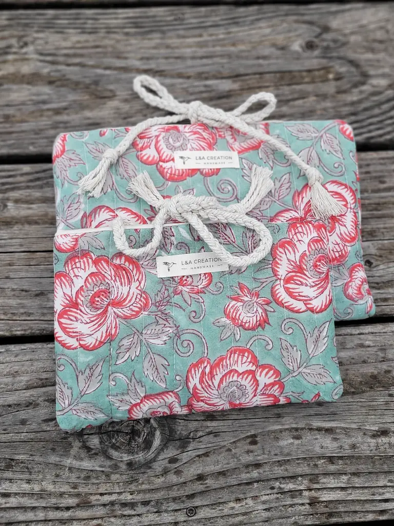 pochette à livre matelassée tissu Indien Handblock Print artisanal