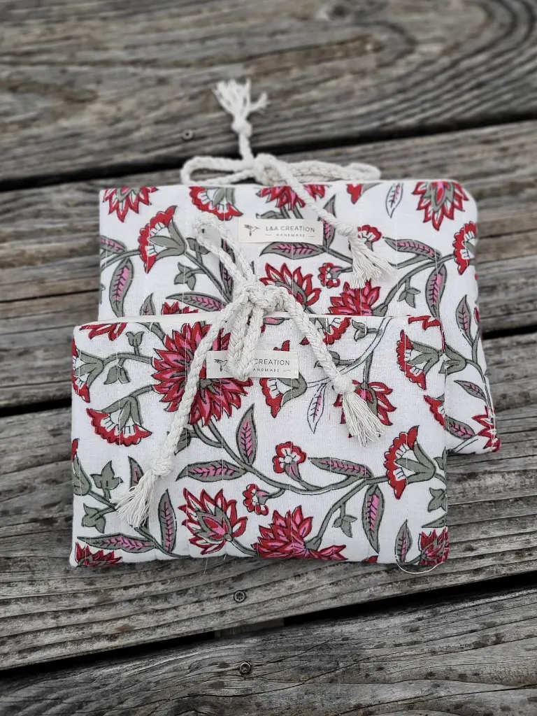 pochette à livre matelassée tissu Indien Handblock Print artisanal