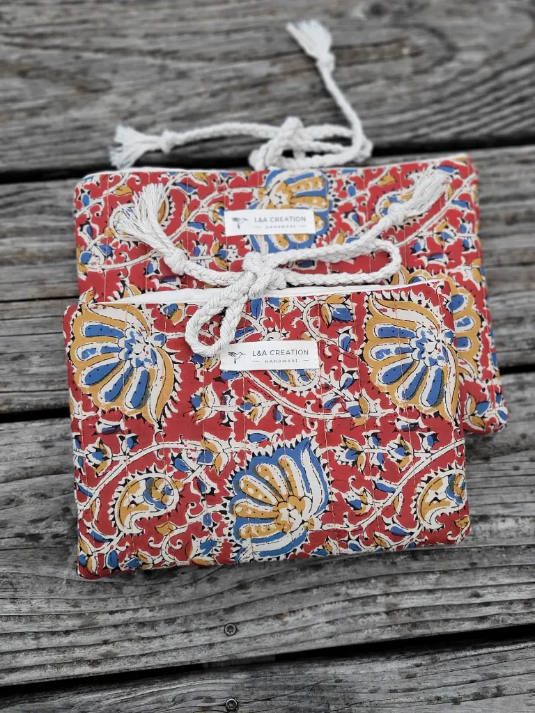 pochette à livre matelassée tissu Indien Handblock Print artisanal