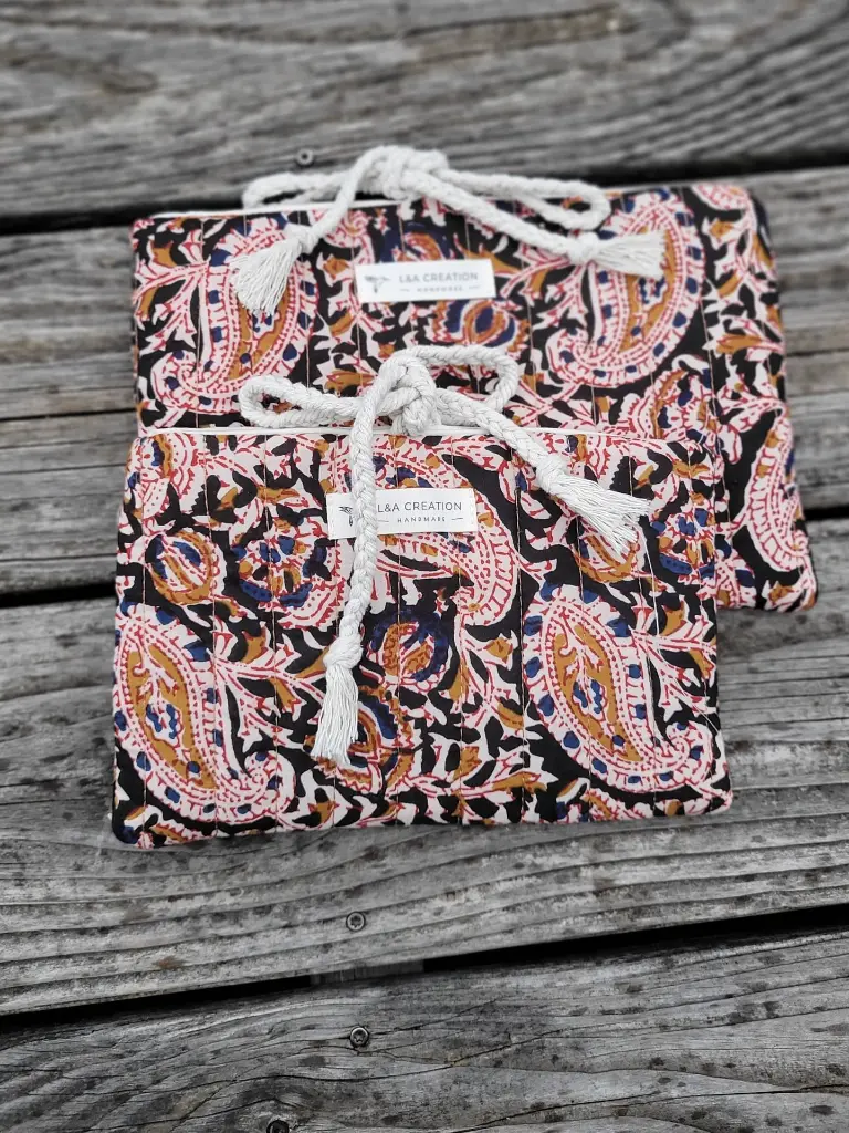 pochette à livre matelassée tissu Indien Handblock Print artisanal