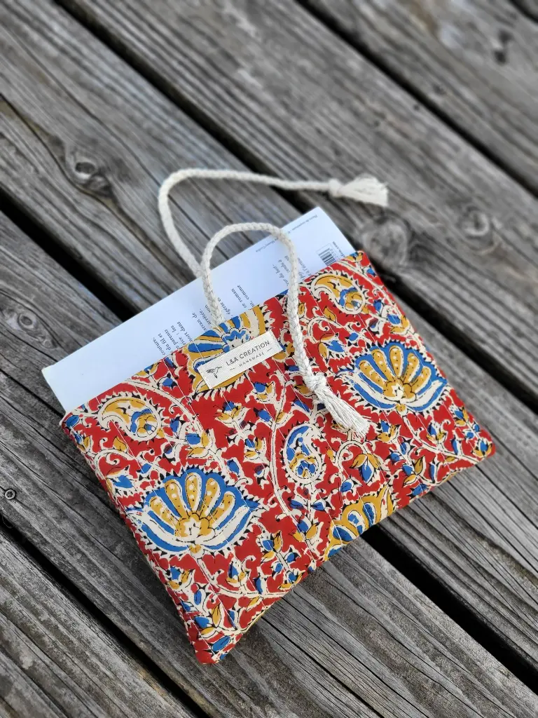 pochette à livre matelassée tissu Indien Handblock Print artisanal