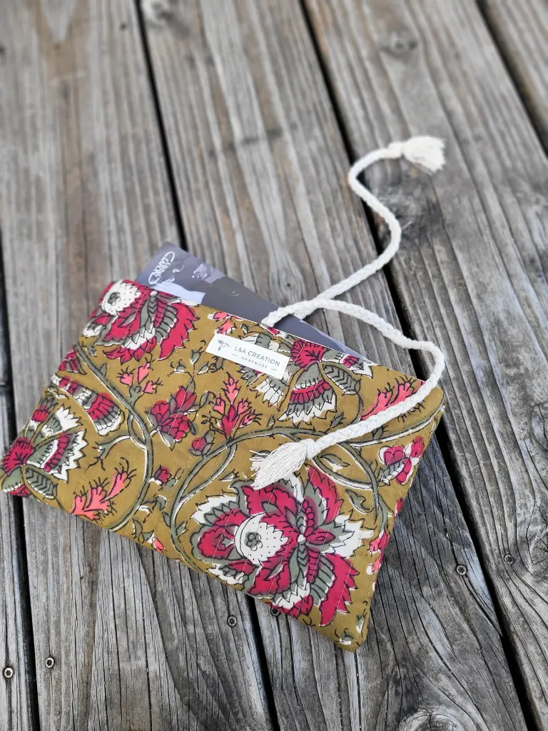 pochette à livre matelassée tissu Indien Handblock Print artisanal