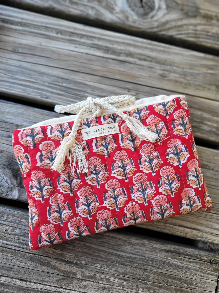 pochette à livre matelassée tissu Indien Handblock Print artisanal