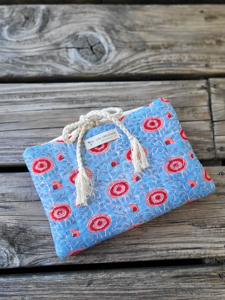 pochette à livre matelassée tissu Indien Handblock Print artisanal