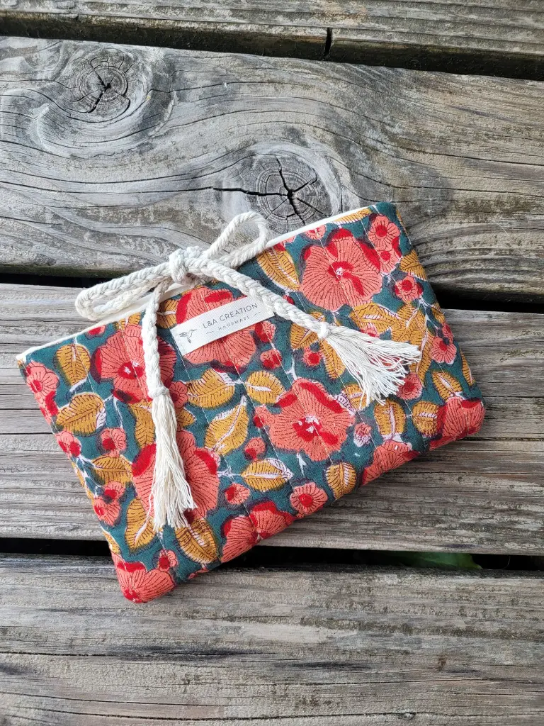 pochette à livre matelassée tissu Indien Handblock Print artisanal