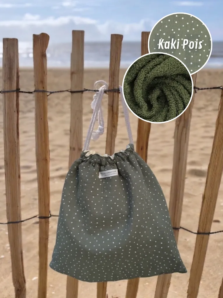 Pochon serviette de plage 2 en 1 L&A création kaki