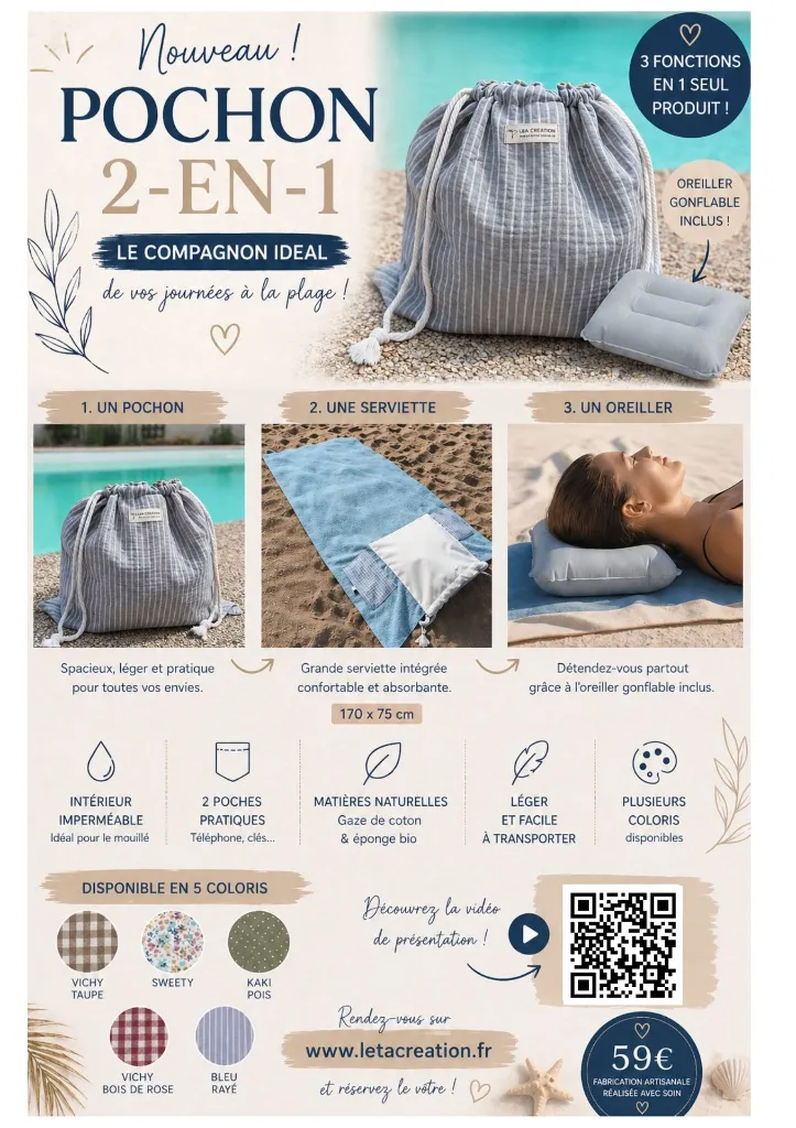 Pochon serviette de plage 2 en 1 L&A création