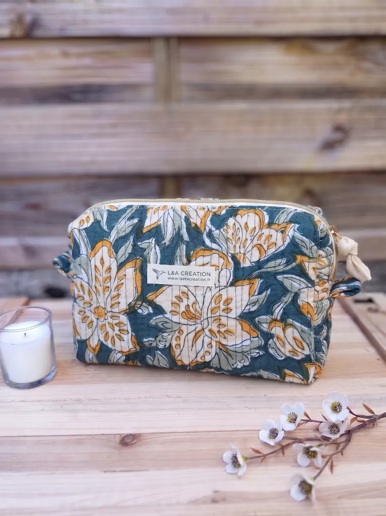 Trousse matelassé tissu Indien bleu jaune L&A Création.webp