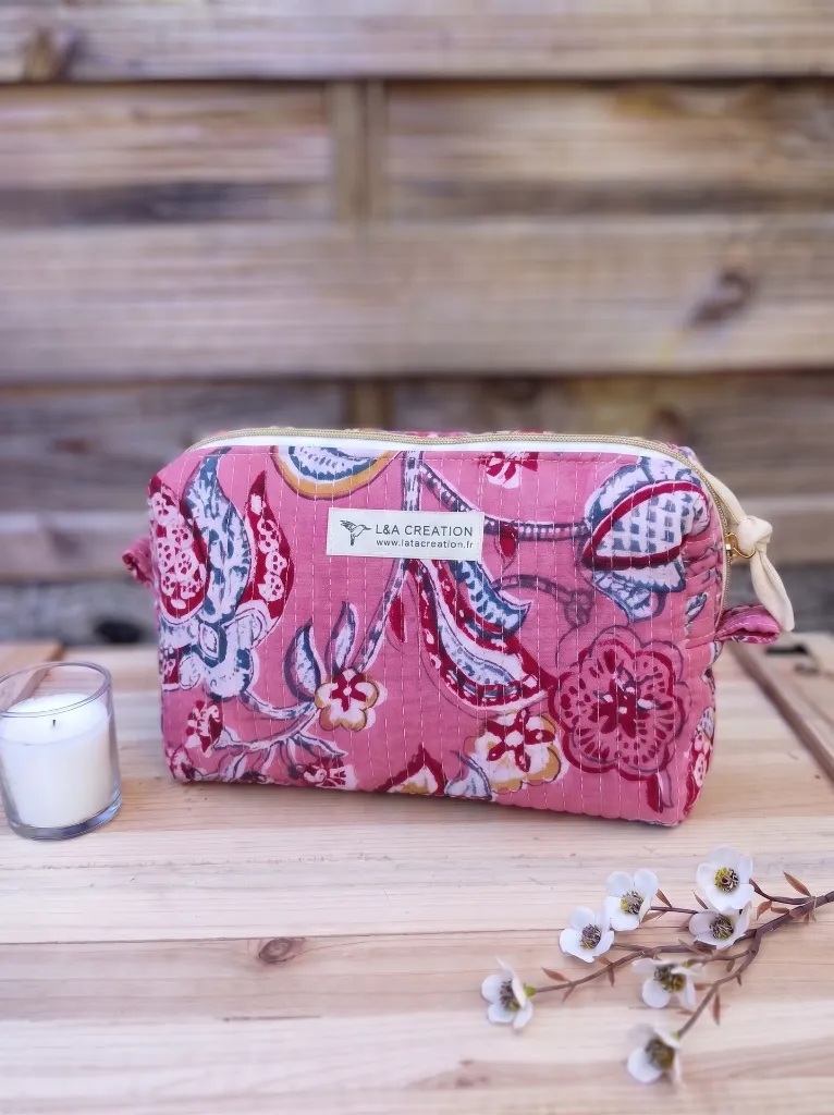 Trousse matelassé tissu Indien rose L&A Création.webp