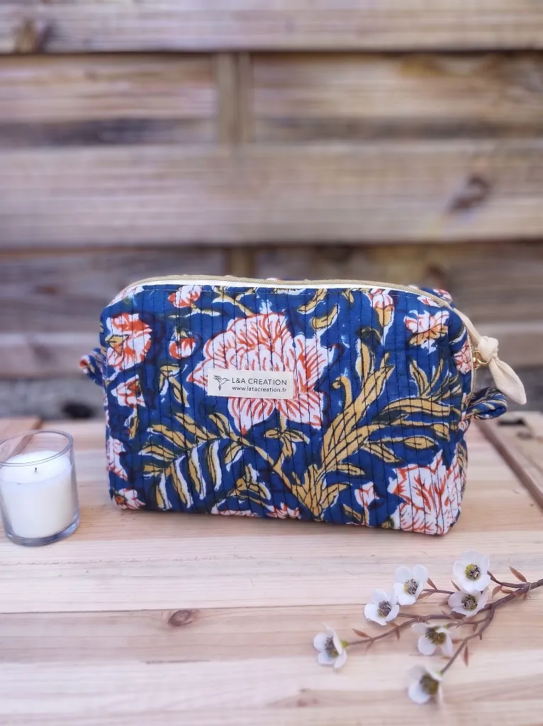 Trousse matelassé tissu Indien marine L&A Création.webp