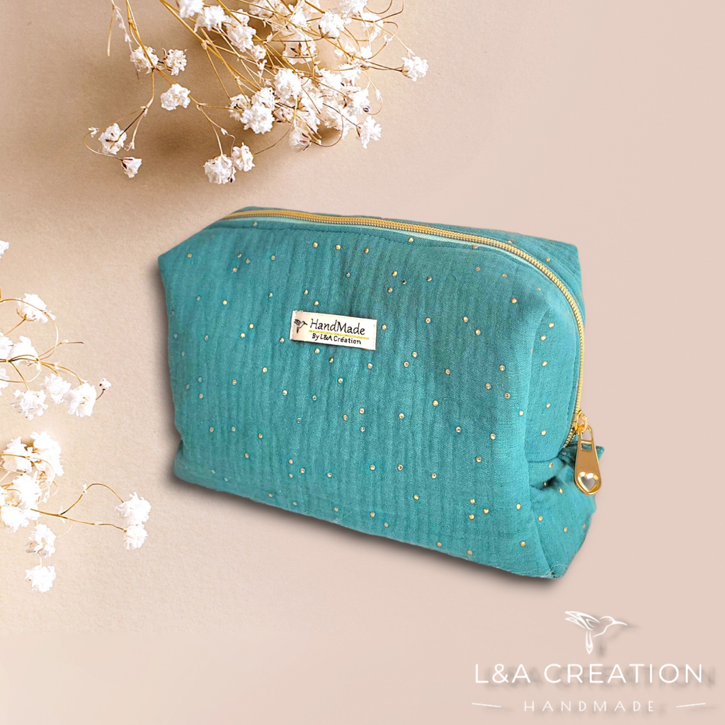 Trousse maquillage - petit vanity gaze de coton à pois - couleur au choix