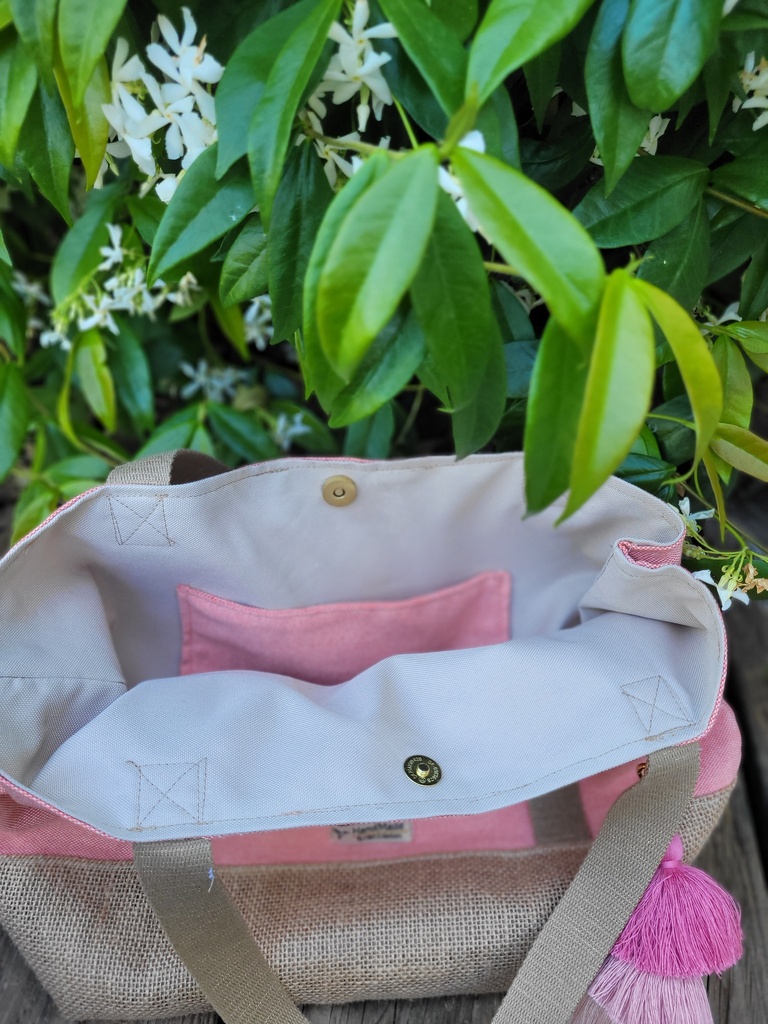Sac Cabas Toile de jute et coton chiné - intérieur imperméable et pompon décoratif - couleur au choix