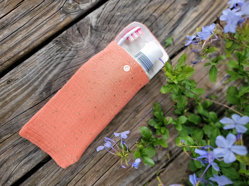Etui de voyage pour brosse à dents et dentifrice  - coton Double gaze à pois doré