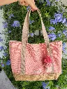 Sac Cabas Toile de jute et coton chiné - intérieur imperméable et pompon décoratif - couleur au choix