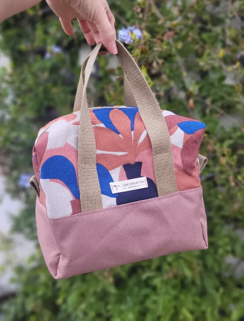 Lunch Bag Isotherme - coton imprimé et imperméable -Sangle pailleté taupe - PERSONNALISABLE - SUR COMMANDE