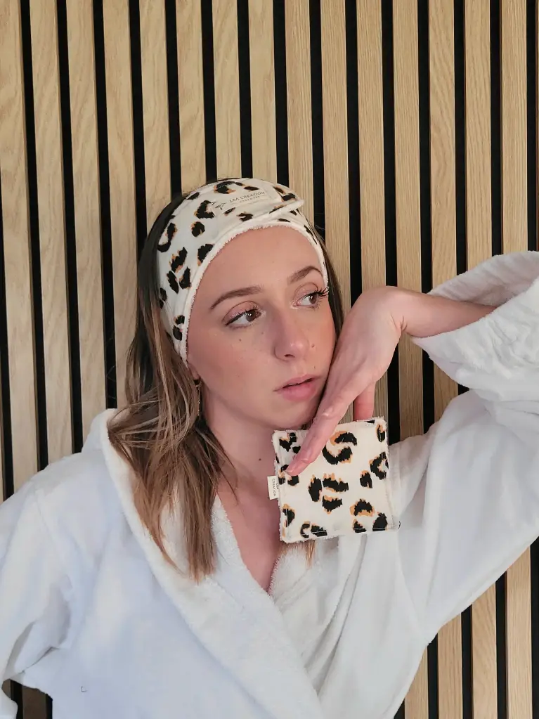 Bandeau de soins skincare démaquillage en gaze de coton BIO Léopard et Eponge bambou - plusieurs coloris