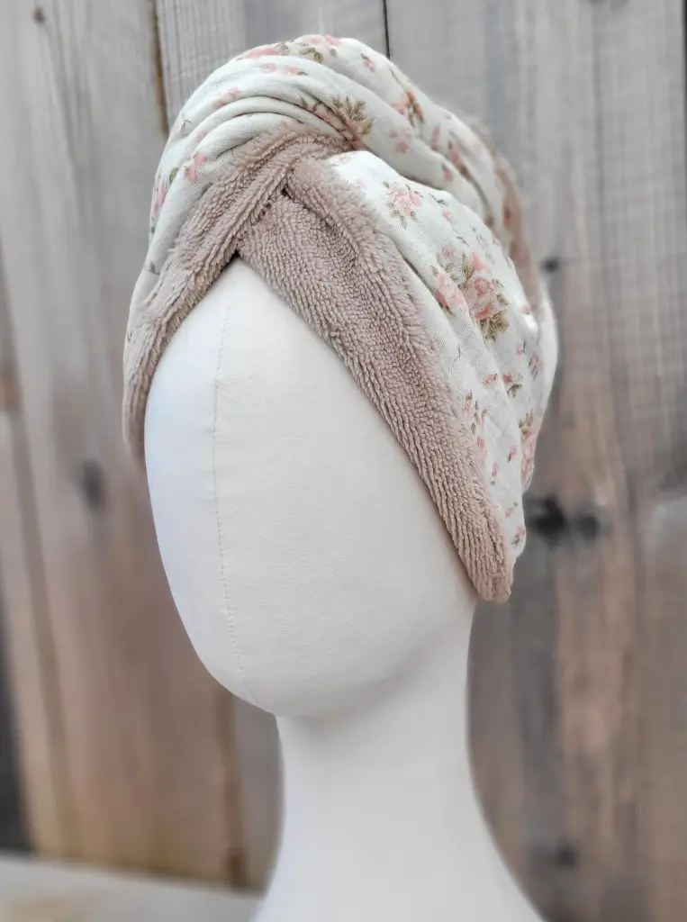 Serviette turban pour cheveux en gaze de coton BIO imprimé et Eponge bambou EDITION LIMITEE