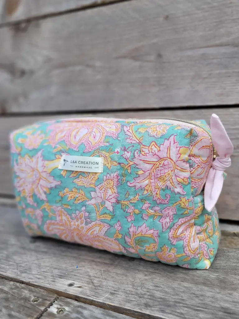 Trousse maquillage - pochette matelassée - coton INDIA Hand Block Print imprimé - EDITION LIMITEE 