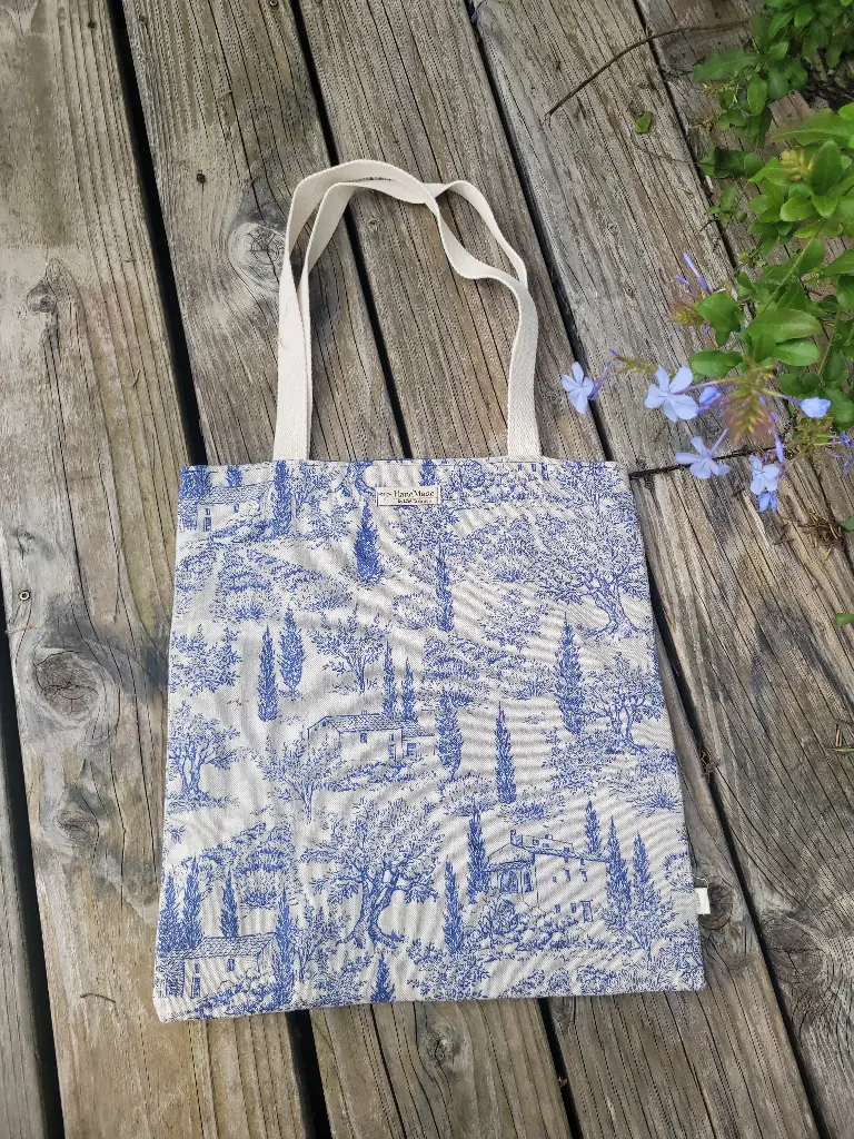 Tote Bag en lin marine et imprimé toile de jouy - Réversible - EN STOCK Disponible de suite