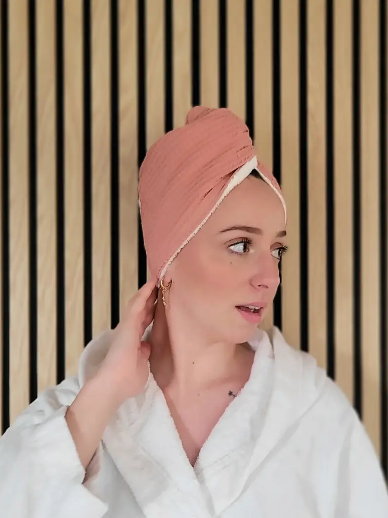 Serviette turban pour cheveux en coton BIO Nid d'abeille et Eponge bambou 