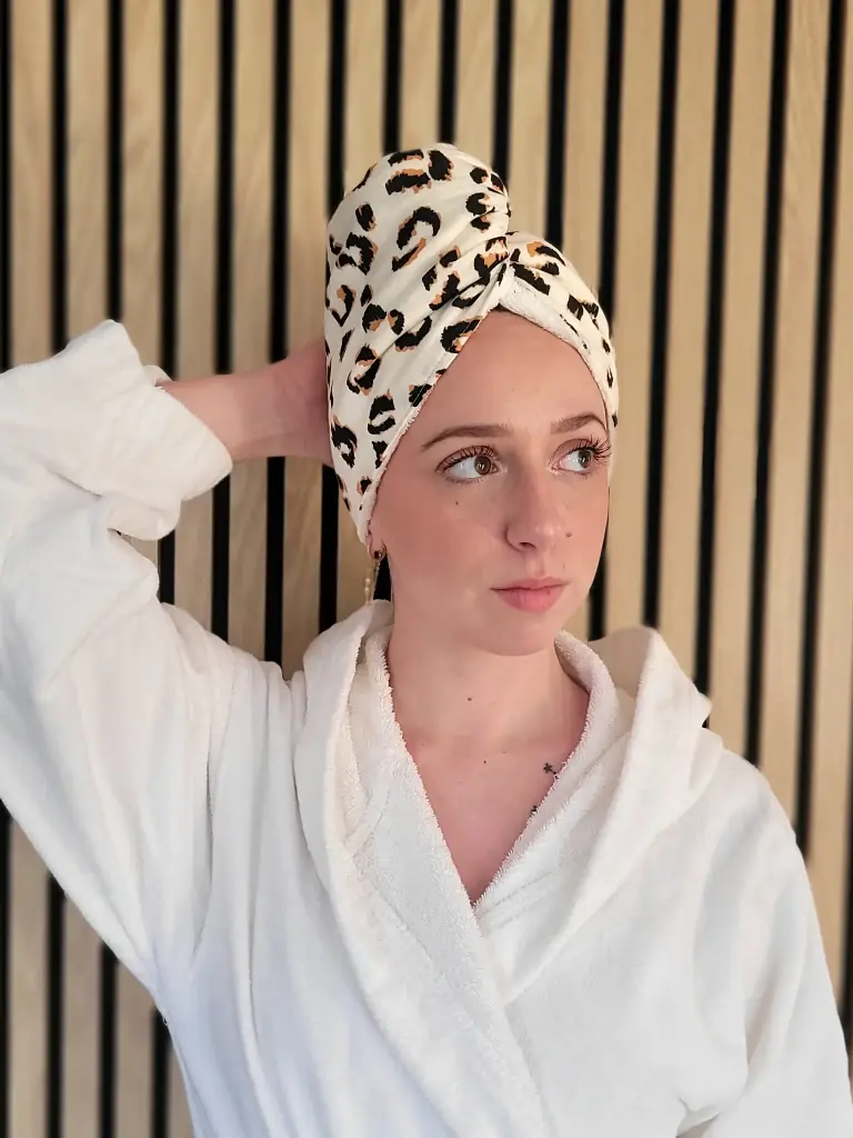 Serviette turban pour cheveux en gaze de coton imprimé BIO et Eponge bambou - motif au choix