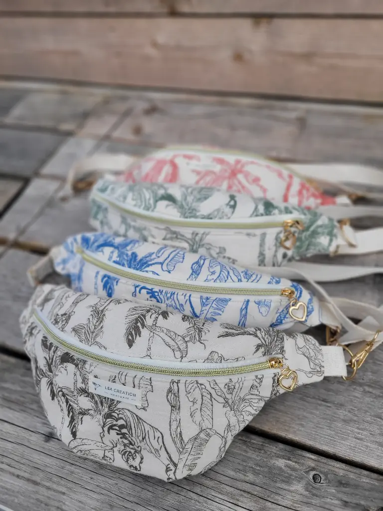 Sac Banane en coton BIO Jungle toile de Jouy - 4 couleurs au choix - Sur commande (Bleu, NON)