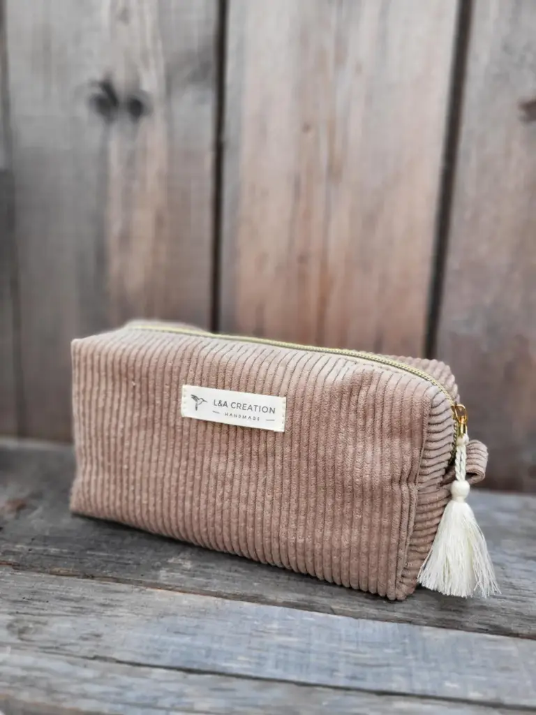 Trousse d'école ou pochette pour accessoires, maquillage... en velours côtelé - BOHEME - 2 tailles - intérieur imperméable - couleur au choix (Ecru, non, Taille S)