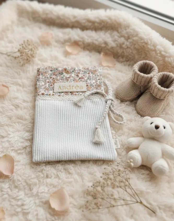 Protège carnet de santé personnalisable - velours cotélé et double gaze de coton (1 Coeurs taupe, Ecru, Non, Oui)