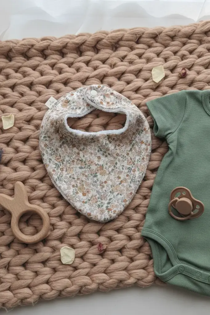 Bavoir bandana enfant en double gaze de coton et Eponge bambou - imprimé au choix (1 Coeurs taupe, Ecru)