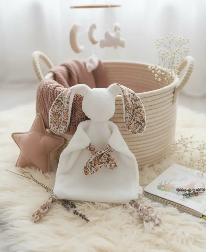 Doudou éponge et Double Gaze de coton imprimé au choix  - Sur commande (1 Coeurs taupe, Ecru)