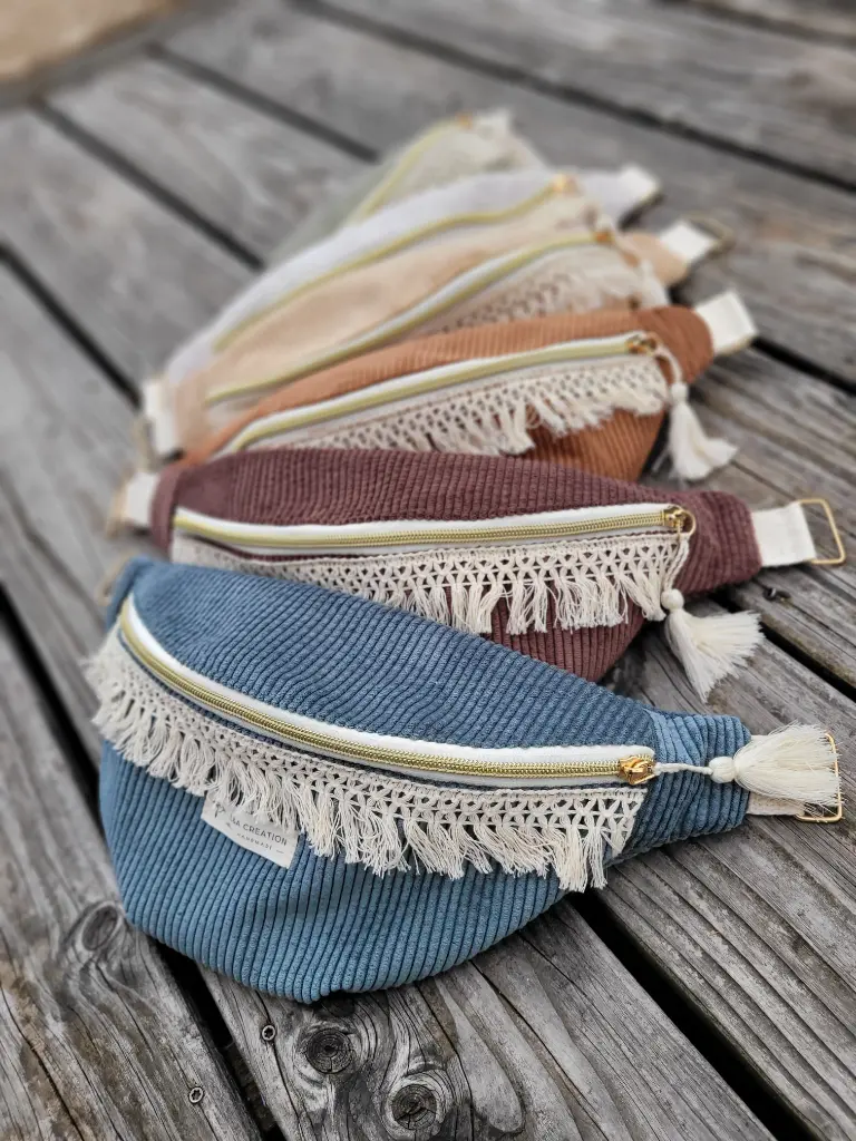 Sac Banane Velours côtelé  - Personnalisable - avec ou sans Franges - collection BOHEME- couleur au choix   (Ecru, Léna, NON, Non)