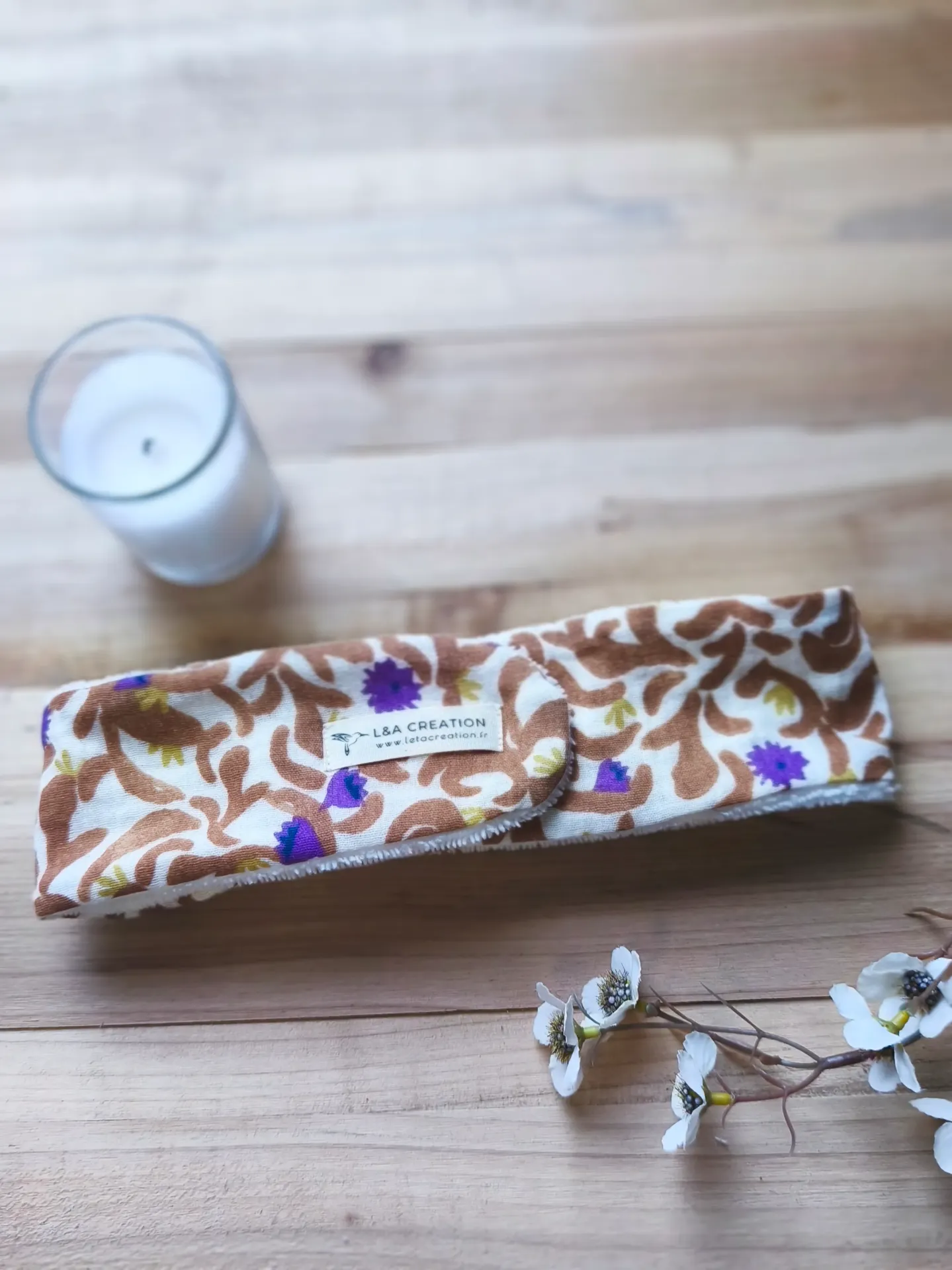 Bandeau de soin skincare maquillage en gaze de coton BIO imprimé et Eponge microfibre de bambou -  Motifs au choix (Léo Camel, Ecru)