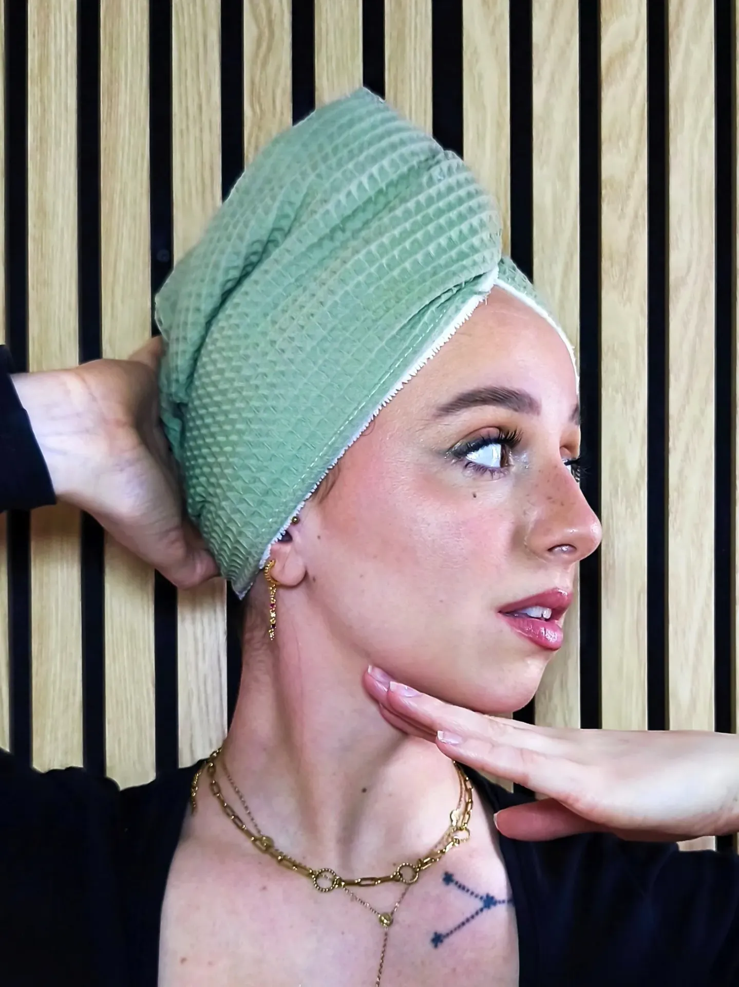 Serviette turban pour cheveux en coton BIO Nid d'abeille et Eponge bambou 