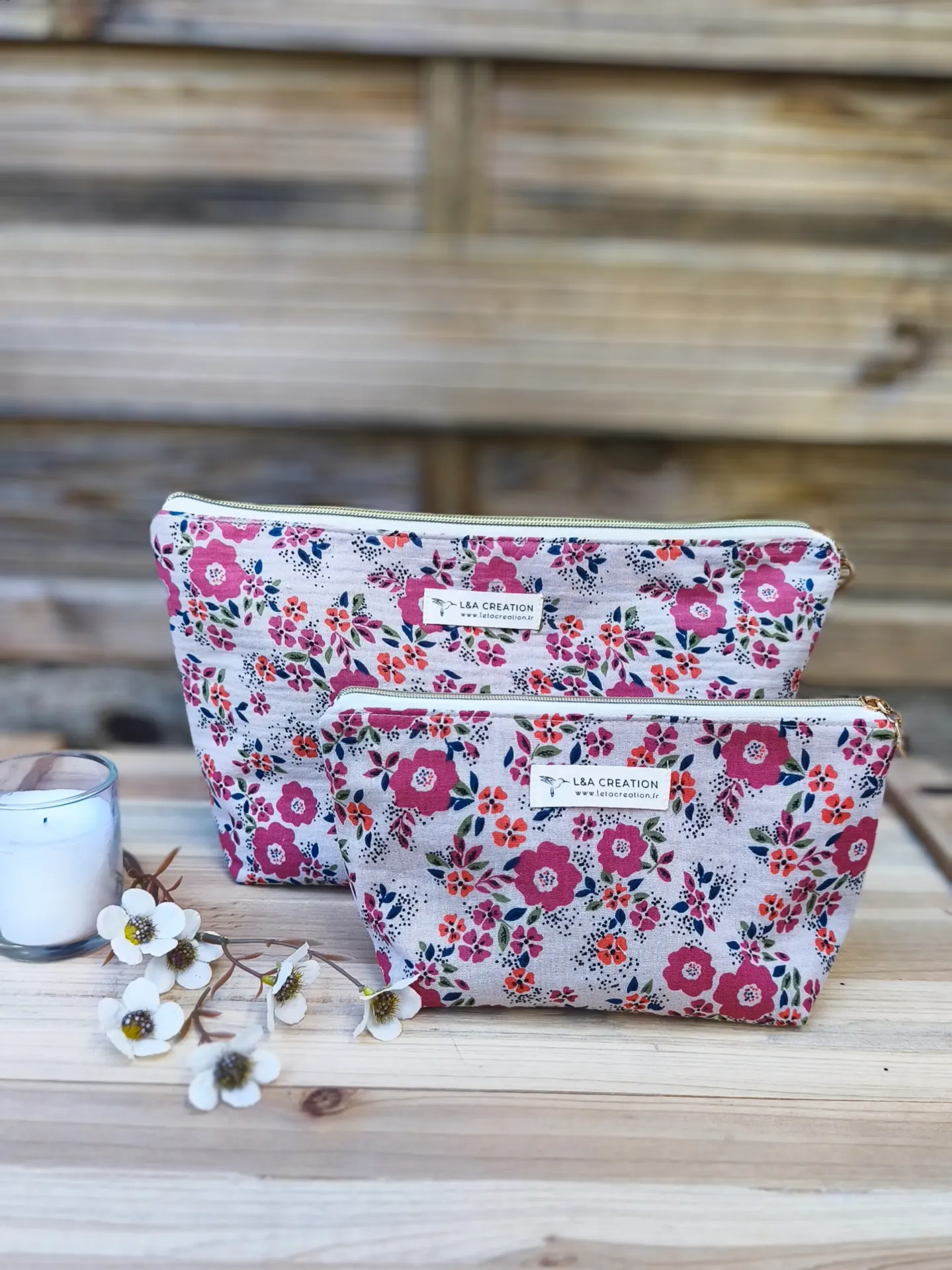 Trousse pochette à maquillage imperméable - Gaze de coton  BIO - imprimé au choix - 2 tailles