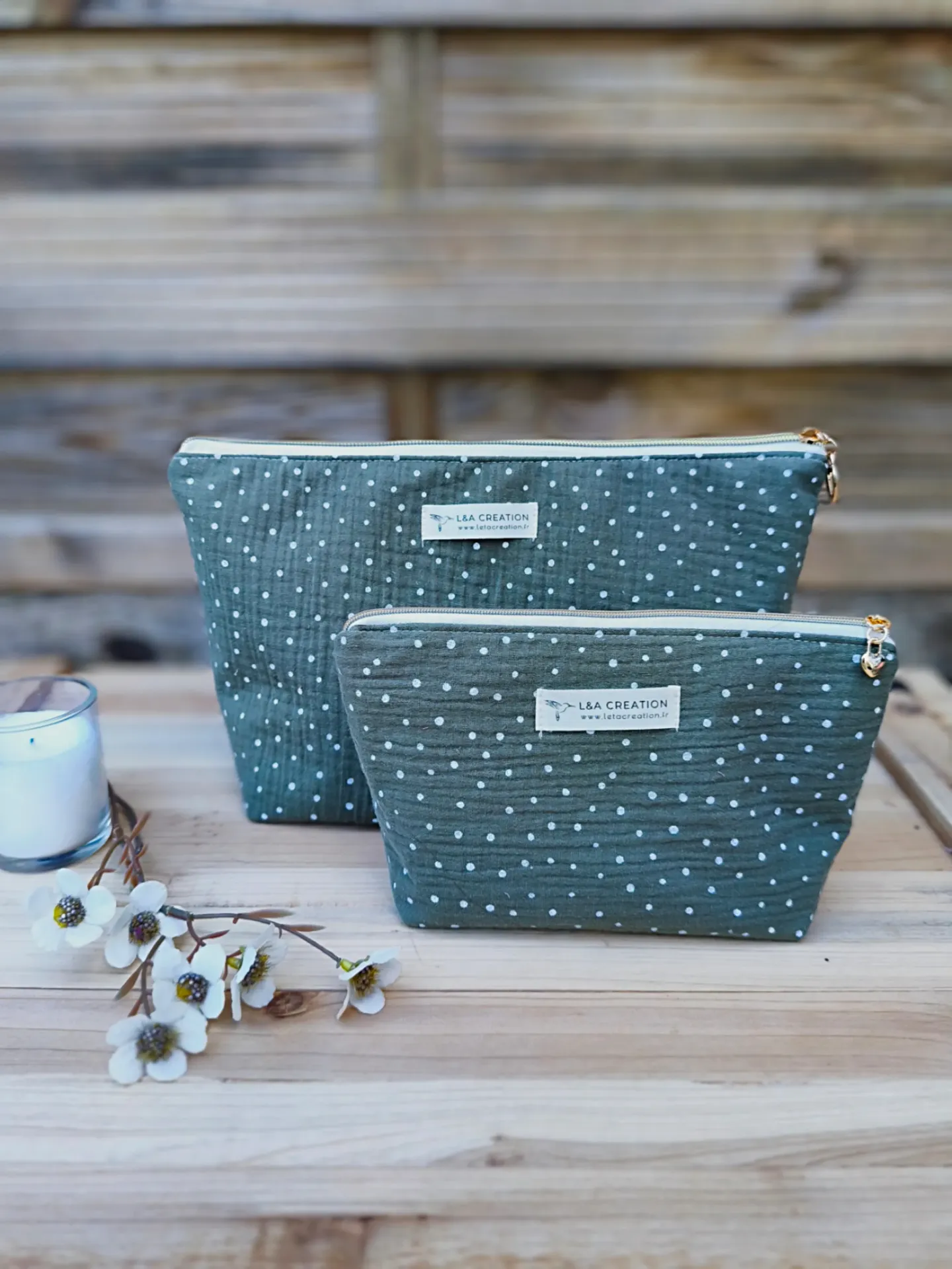 Trousse pochette à maquillage imperméable - Gaze de coton  BIO imprimée au choix - 2 tailles