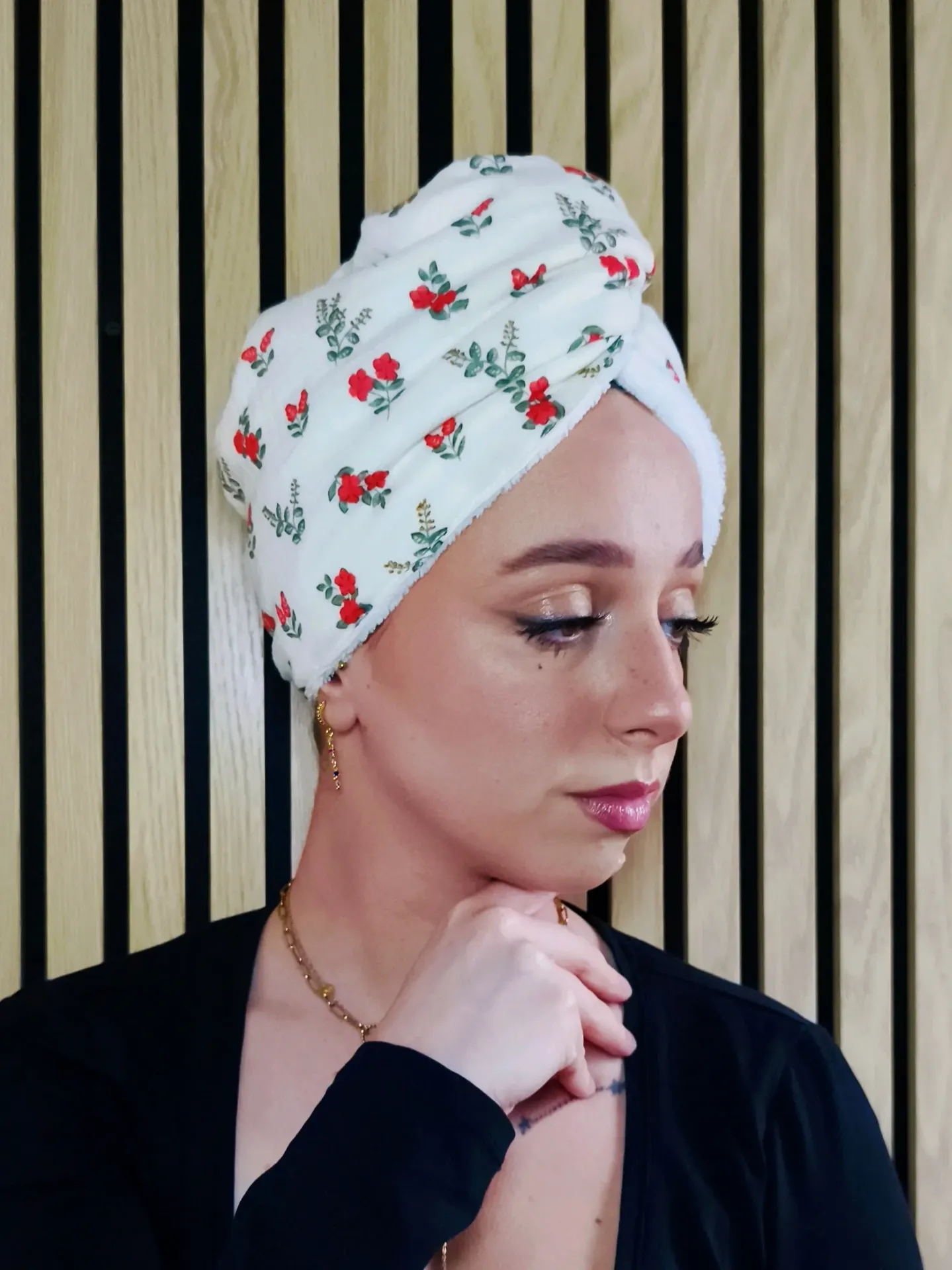 Serviette turban pour cheveux en gaze de coton imprimé BIO et Eponge bambou - routine skincare - soin cheveux - imprimé au choix (Léo Camel)