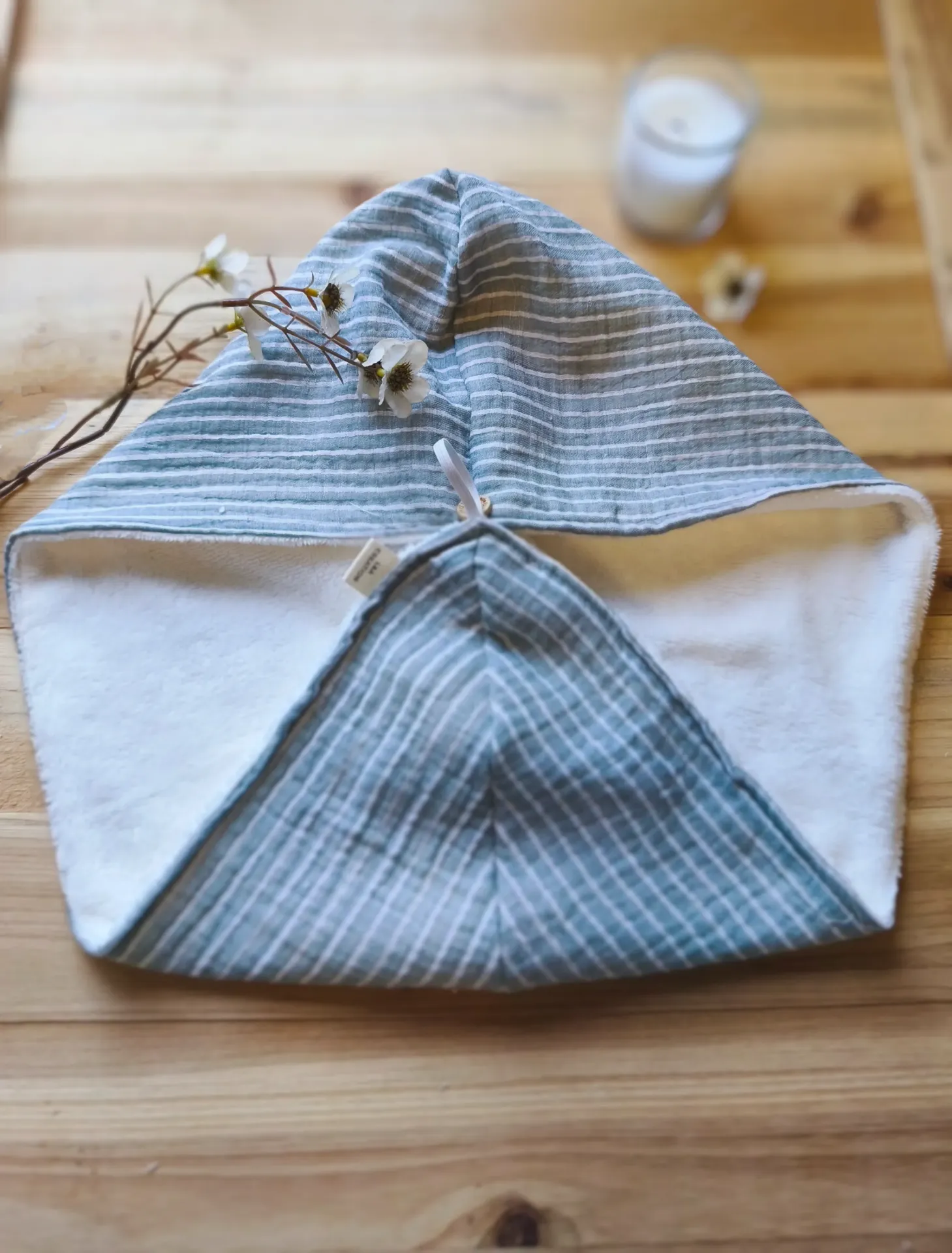 Serviette turban pour cheveux en gaze de coton imprimé BIO et Eponge bambou - motif au choix