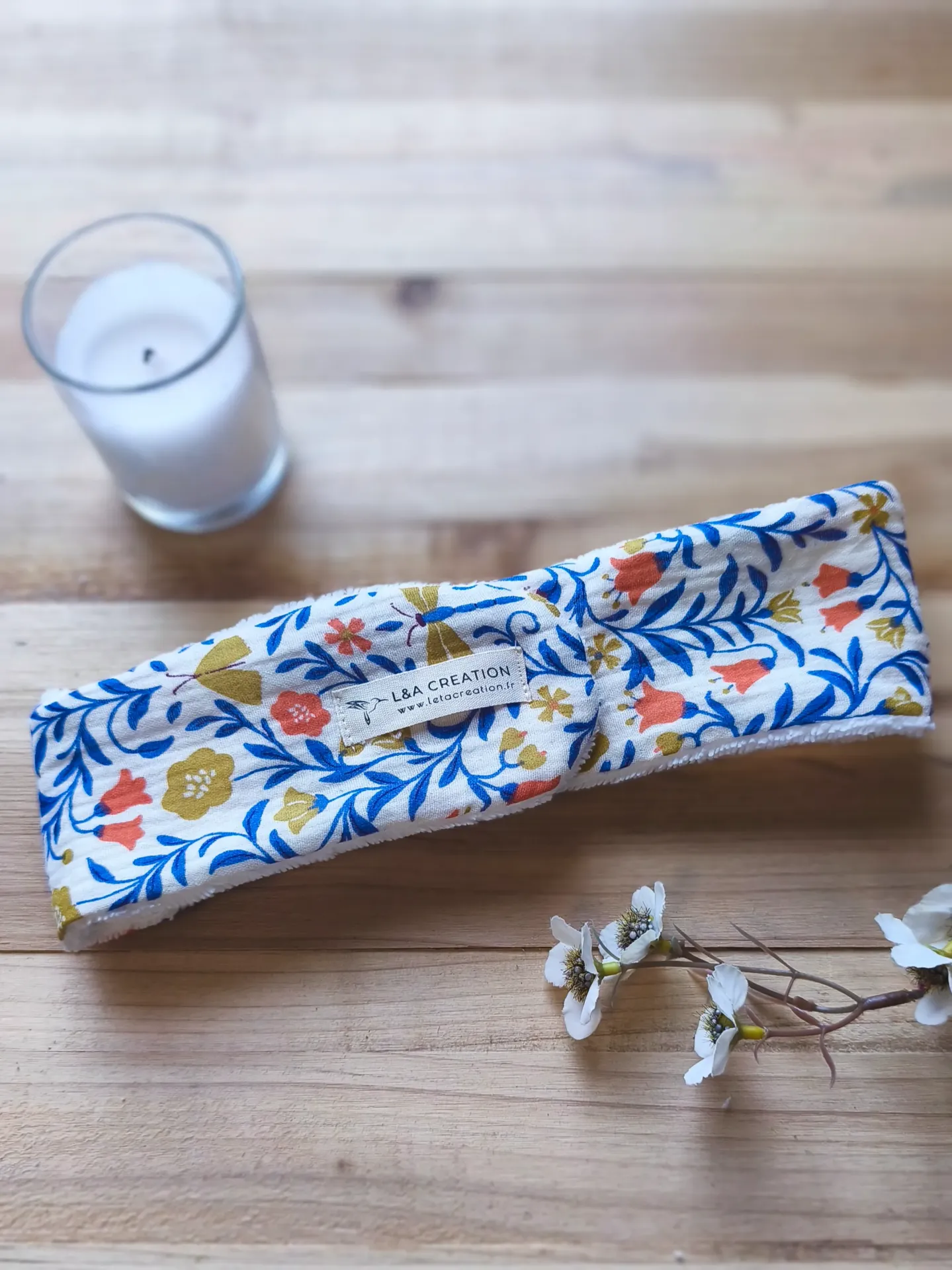 Bandeau de soin skincare maquillage en gaze de coton BIO imprimé et Eponge microfibre de bambou -  Motifs au choix