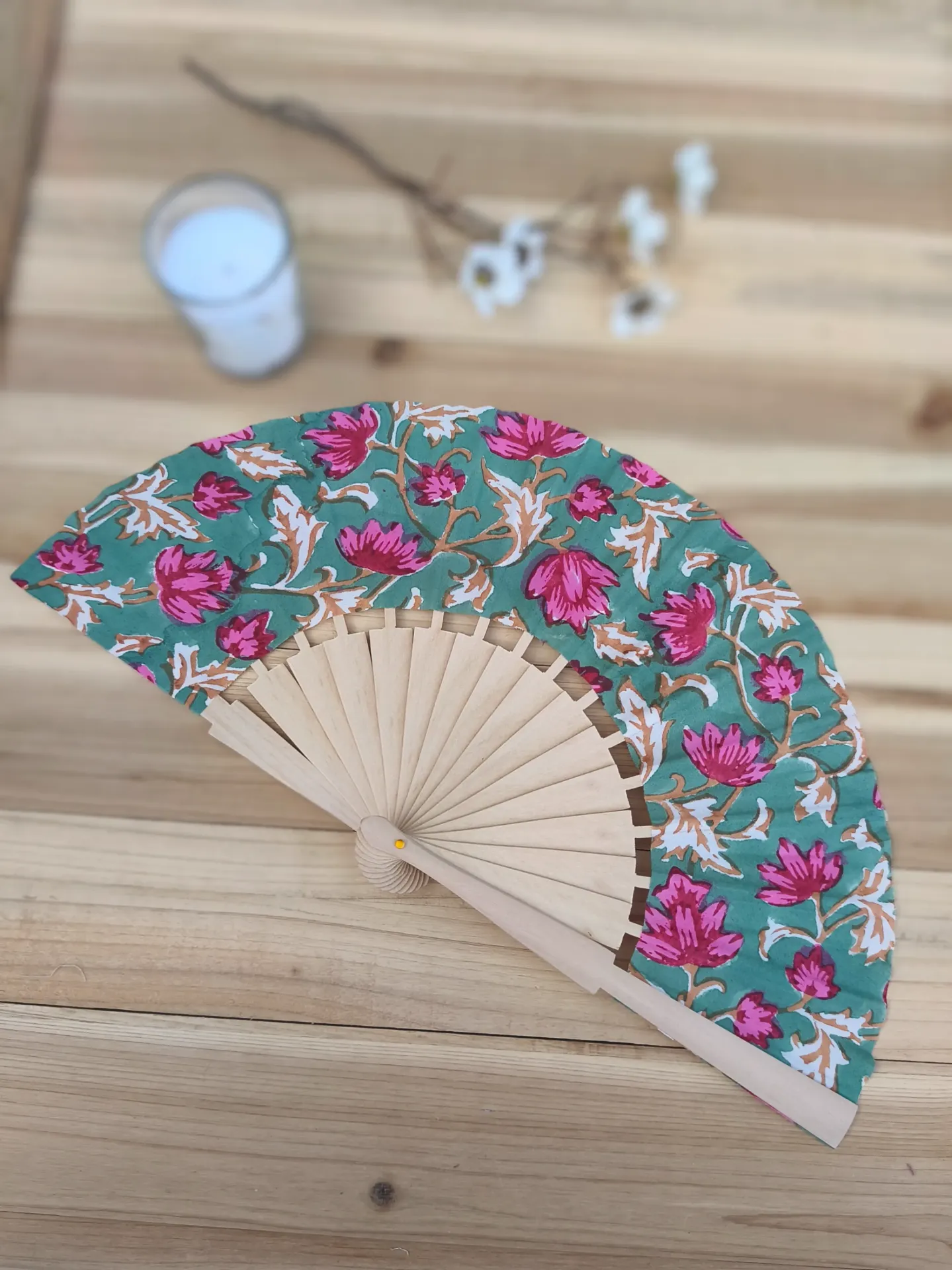 Eventail artisanal en tissu Indien HandBlock Print + Etuis -  plusieurs modèles disponibles