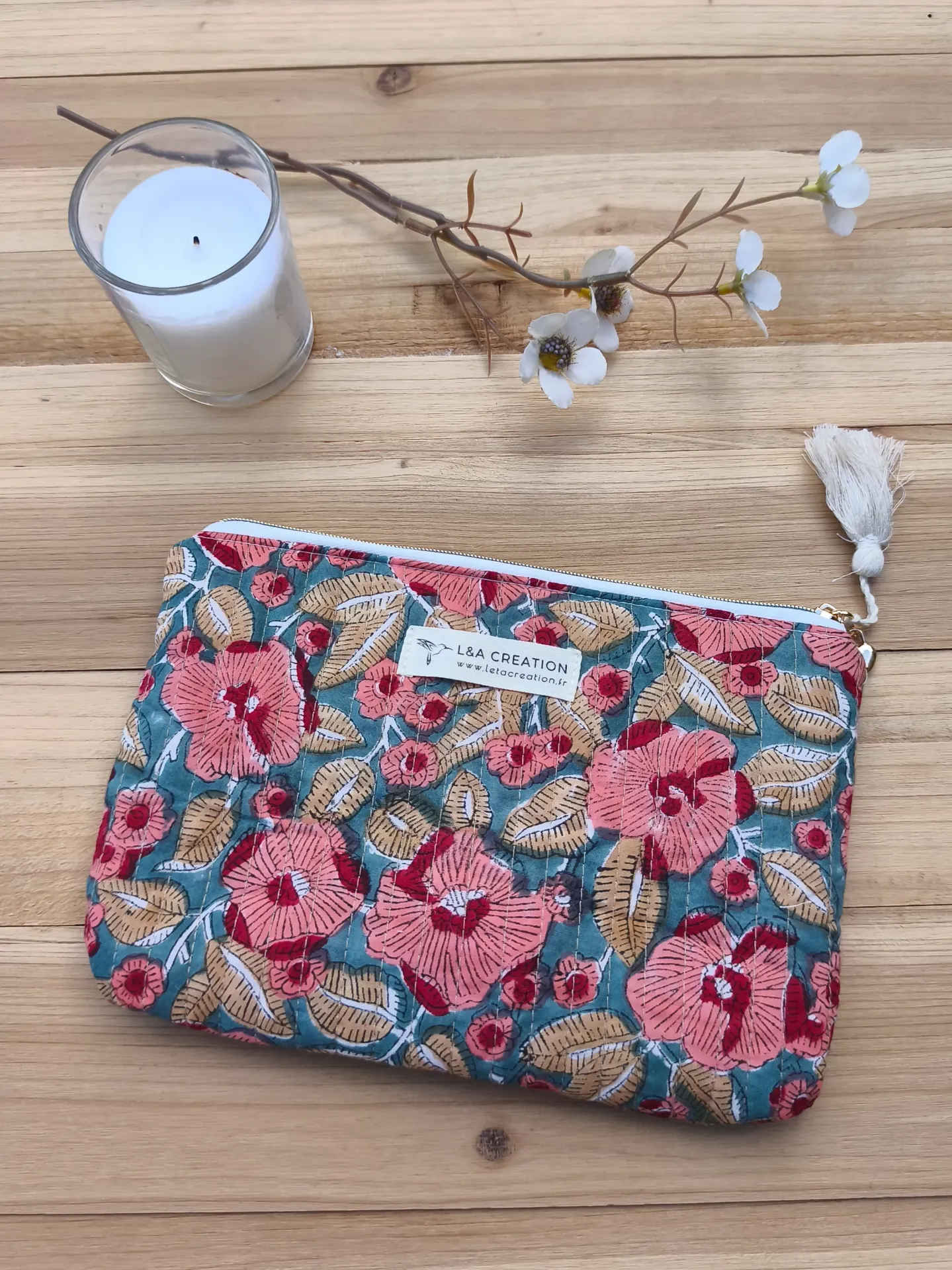 Pochette plate de sac matelassé  Coton India Hand Block Print - 31 Motifs au choix
