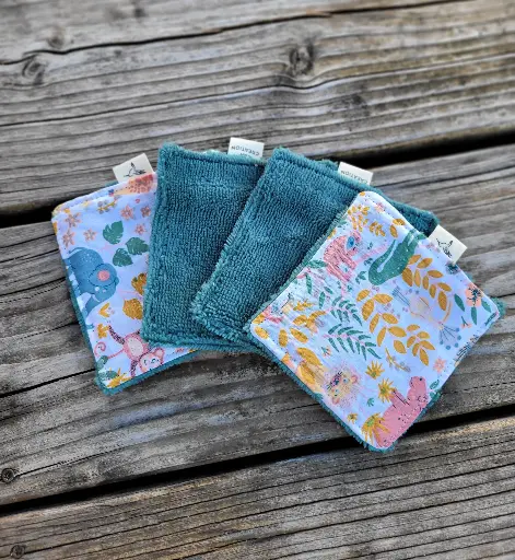Lingette coton bébé en coton imprimé enfant et Eponge bambou couleur au choix
