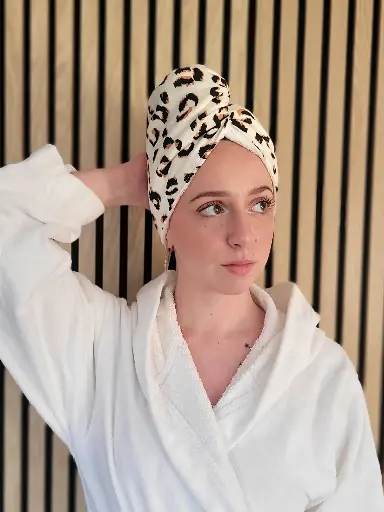Serviette turban pour cheveux en gaze de coton imprimé BIO et Eponge bambou - motif au choix