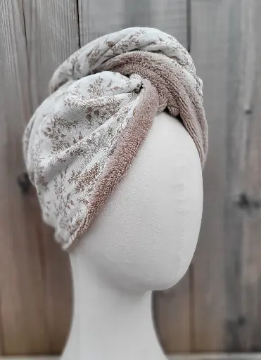 Serviette turban pour cheveux en gaze de coton BIO imprimé et Eponge bambou EDITION LIMITEE