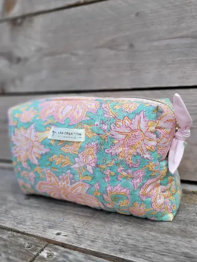 Trousse maquillage - pochette matelassée - coton INDIA Hand Block Print imprimé - EDITION LIMITEE 