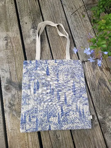 Tote Bag en lin marine et imprimé toile de jouy - Réversible - EN STOCK Disponible de suite